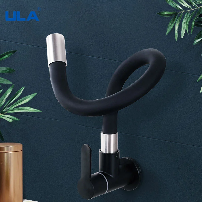 

ULA Black Kitchen Faucet Stainless Steel 360 Rotate Faucet Kitchen Tap Long Spout Water Nozzle Wall Mount Single Cold Water