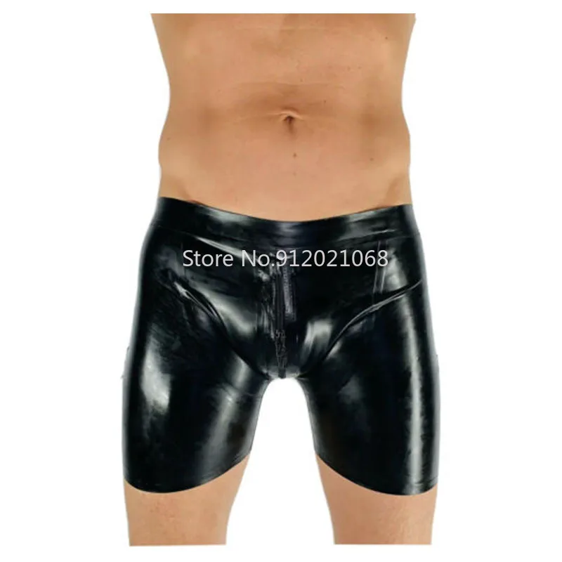 Schwarz Latex Männer Höschen Sexy Gummi Shorts Boxer mit 2 Weg Gabelung Zip Handgemachte Unterwäsche