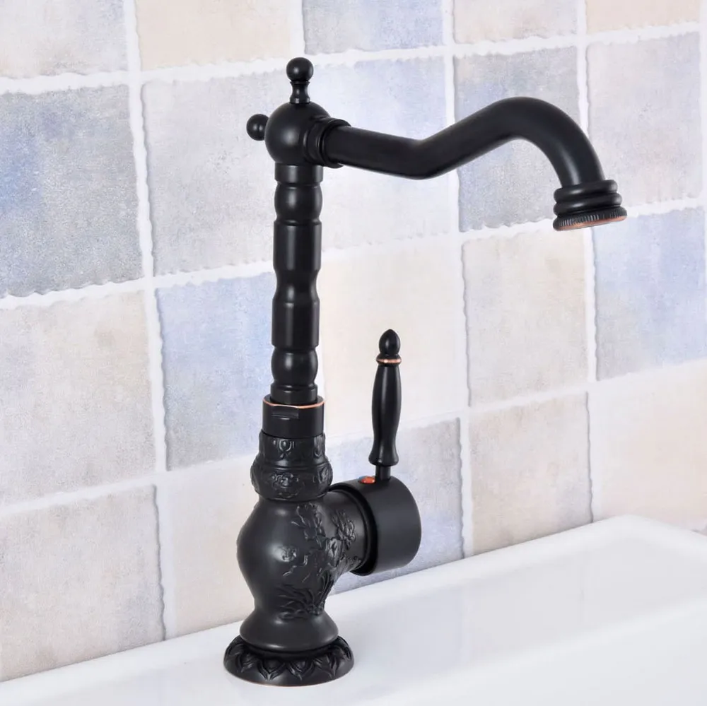 

Black Oil Rubbed Brass Carved Single Handle One Hole Bathroom Kitchen Basin Sink Faucet Mixer Tap Swivel Spout msf624