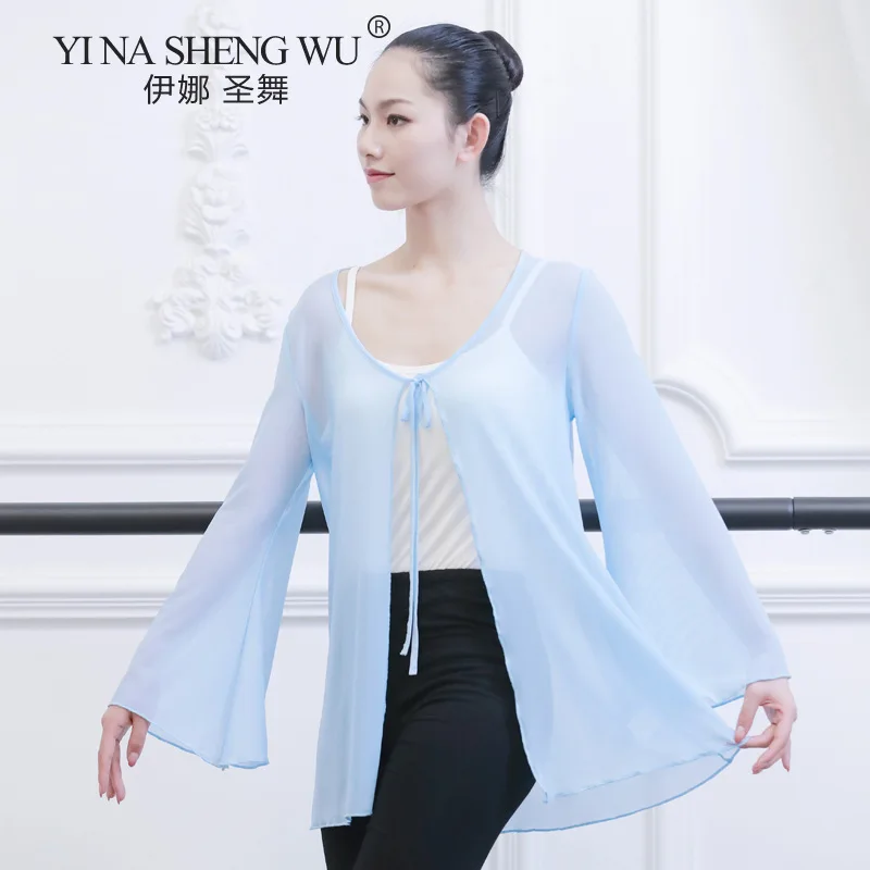 Women Chinese Folk Dance Wear Sexy Transparent Mesh Blouse Classical Dance Top With Long Flared Sleeve Solid Color Loose 2XL New