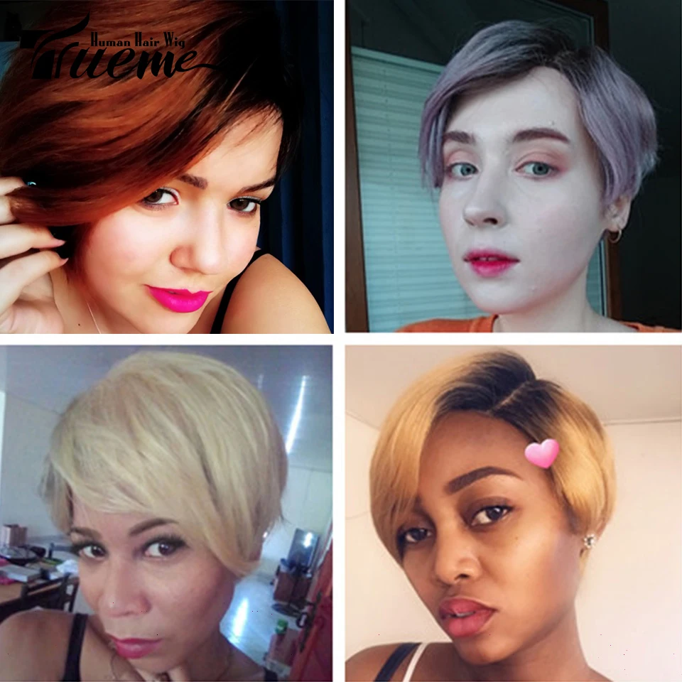 Trueme Pixie Cut Bob Menselijk Haar Pruiken Ombre Blonde 613 Paars Rood Menselijk Lace Pruik Voor Vrouwen Remy Braziliaanse Haar L Deel Lace Pruik