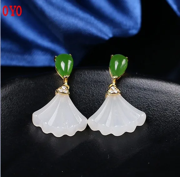 100% 925 sterling silver natural hetian jade maple earrings