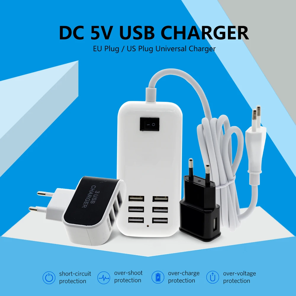 USB Power Supply Adapter DC5V 2A EU Plug / US Plug Universal Charger 1 / 2 / 3 / 6 Ports