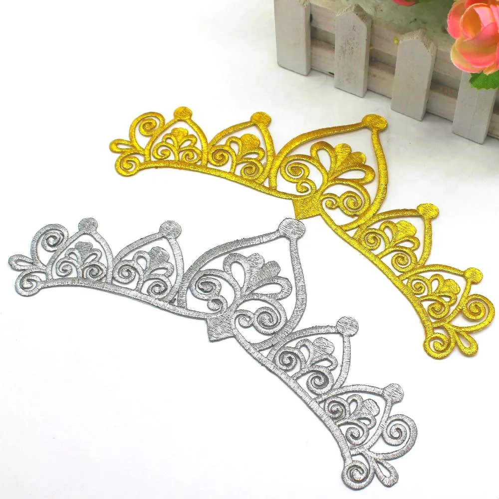 Gold Embroidered Patches Iron On Royal Crown Diy Trims Shiny Metallic Gold And Silver 22cm*8cm