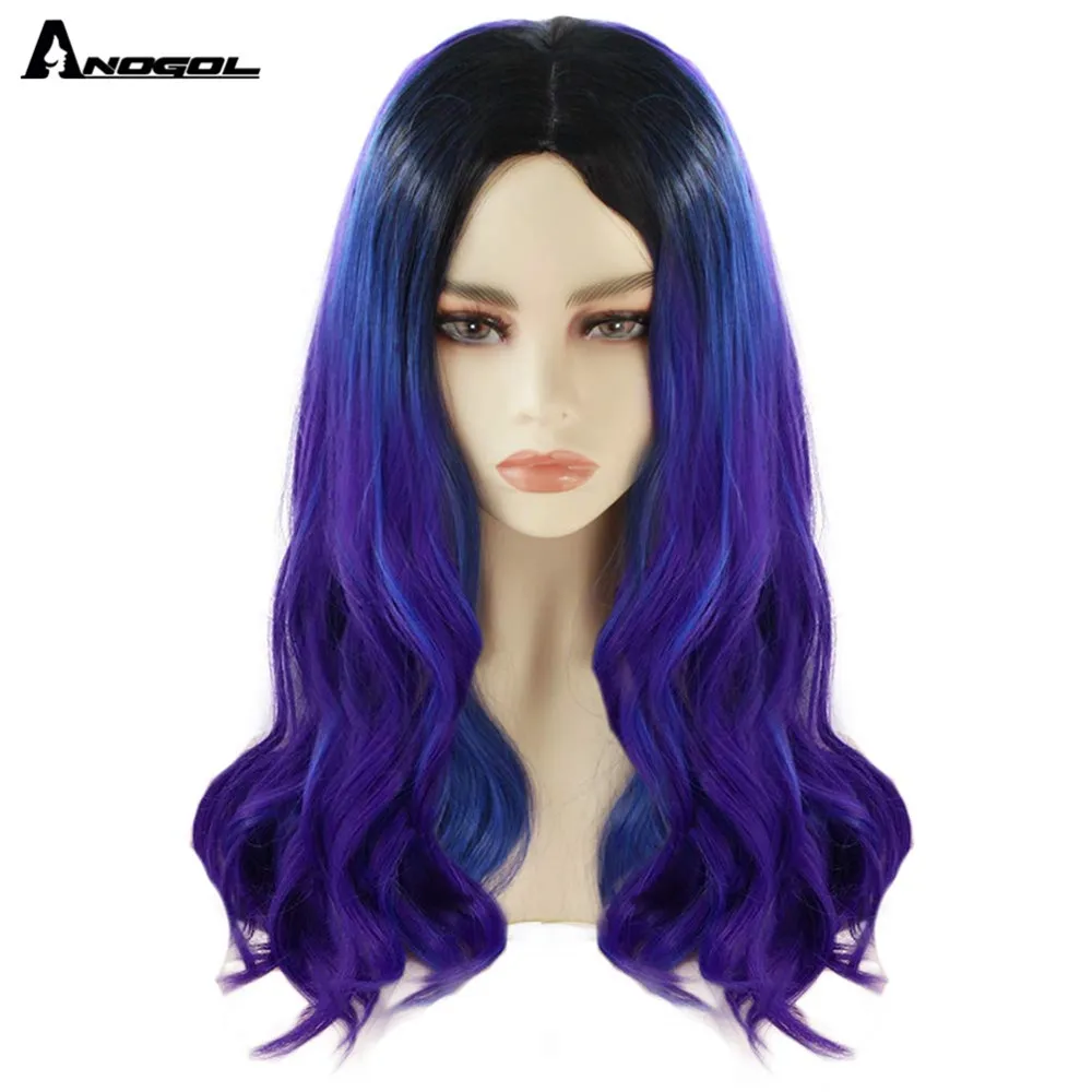 

ANOGOL High Temperature Fiber Long Natural Wave Purpul Ombre Blue Dark Roots Synthetic Cosplay Wig Middle Part for Women Costume