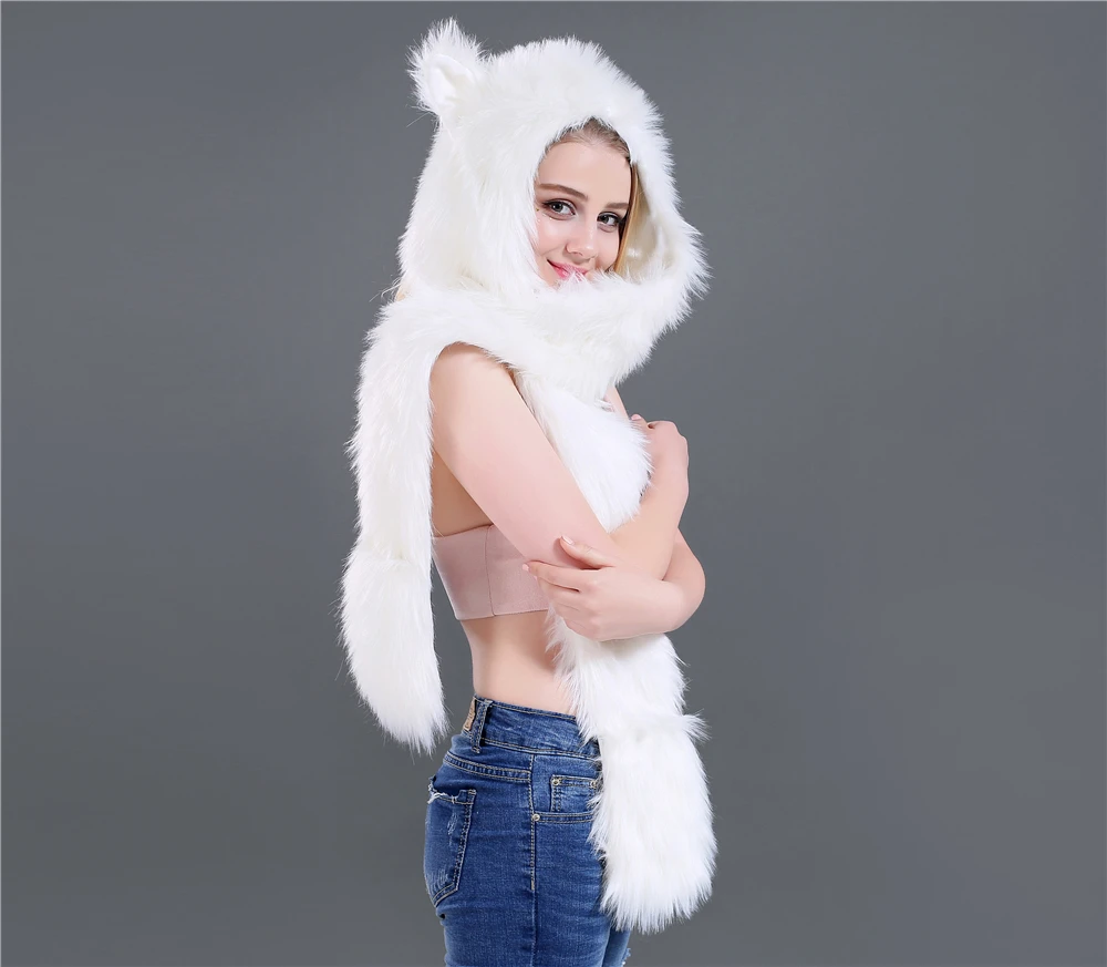 Women Winter Fashion Warm Leopard Cartoon Cap Scarf Faux Fur Hat Female Scarf gloves as one Animal Fur Cap Christmas Gift T01