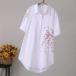 Long Vintage Women 2021 Spring Summer New 100% Cotton Loose Flower Embroidery Short-sleeved  Ethnic Chic Blouse Shirts Tops