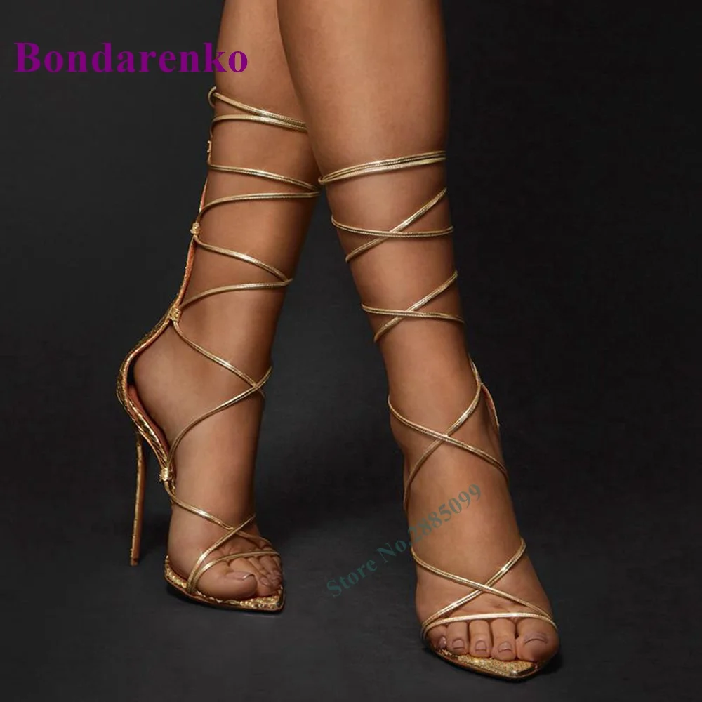 Sandales à lacets à motif serpent doré, bout ouvert, talons hauts et fins, solide, noué en croix, couverture à talon, Sexy, robe de soirée d'été pour femmes