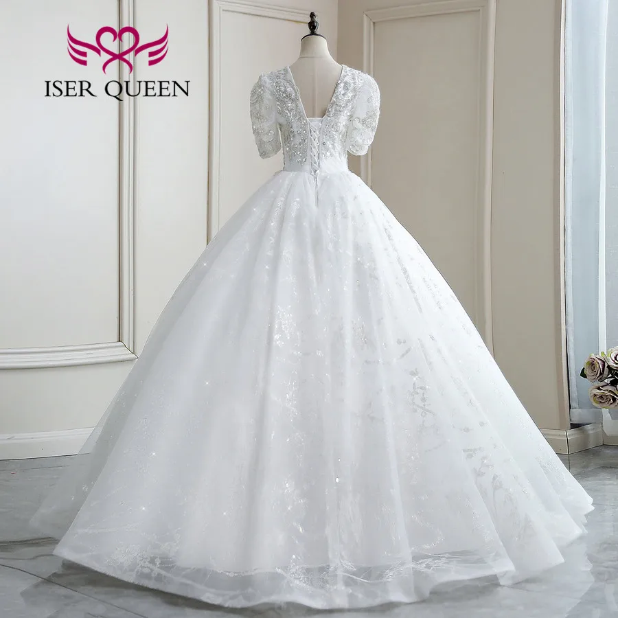 カスタムレースのボールガウン,半袖,Vネック,パール,ウェディングドレス,ファッション,ラージサイズ,wx0280