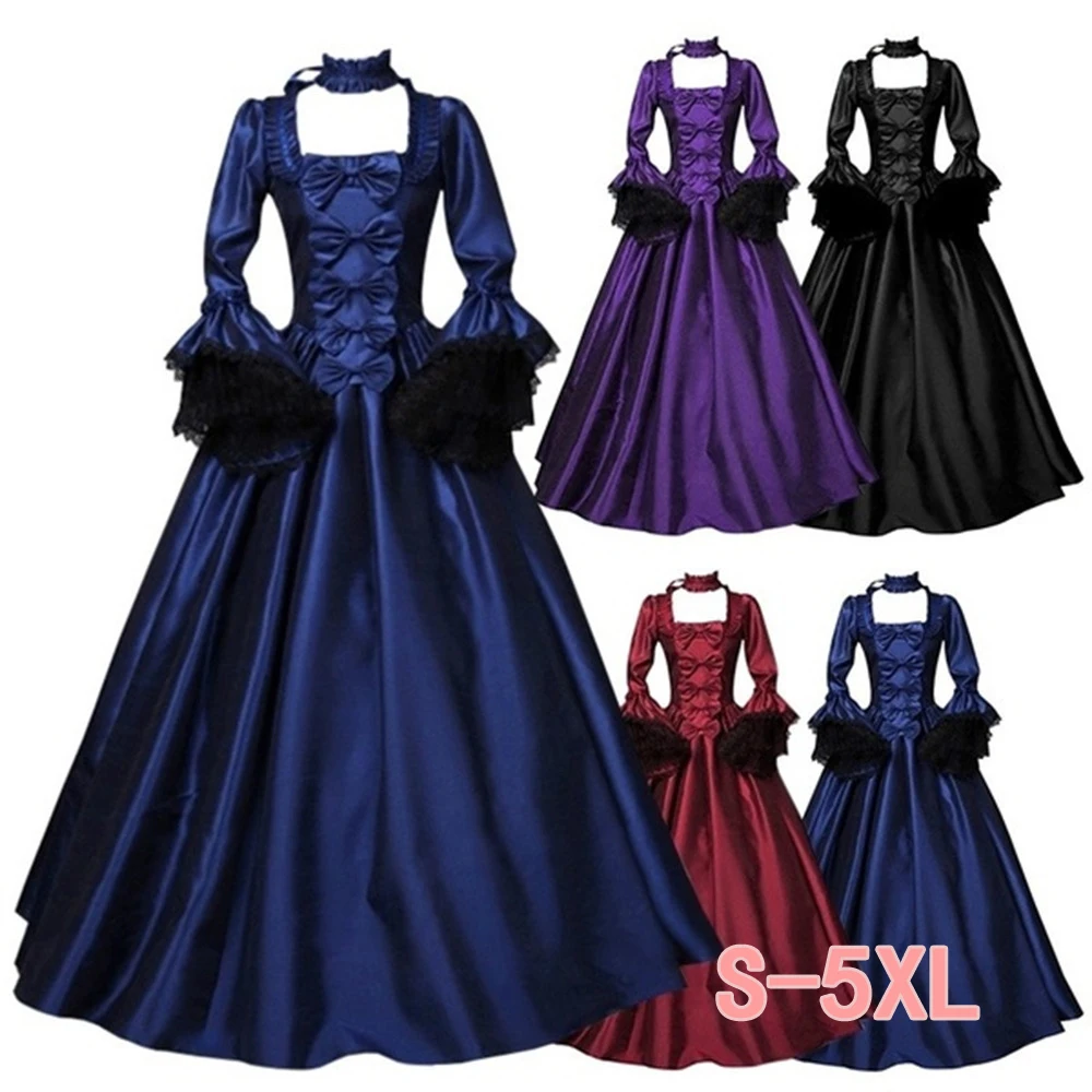 

2022 Ladies Big Bell Sleeve Square Neck Waist Thin Lace Dress Cosplay Girl Stitching Medieval Palace Antique Retro Dress