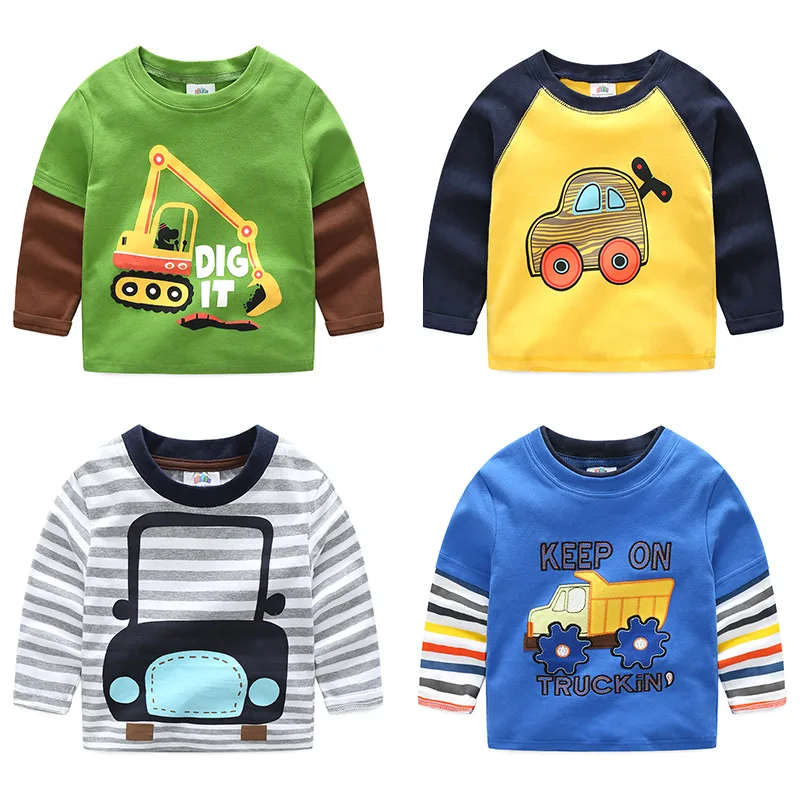 2024 Spring Autumn For 2-9 10 Years Children Cotton Striped Patchwork Cartoon Car Bus Truck Baby Kids Boys Long Sleeve T Shirts