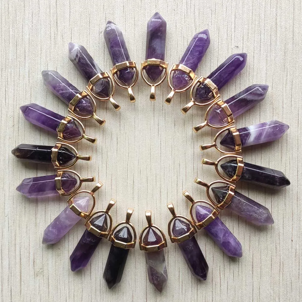 Fashion natural amethysts stone gold color alloy pillar charms pendants for jewelry making 24pcs/lot Wholesale free shipping