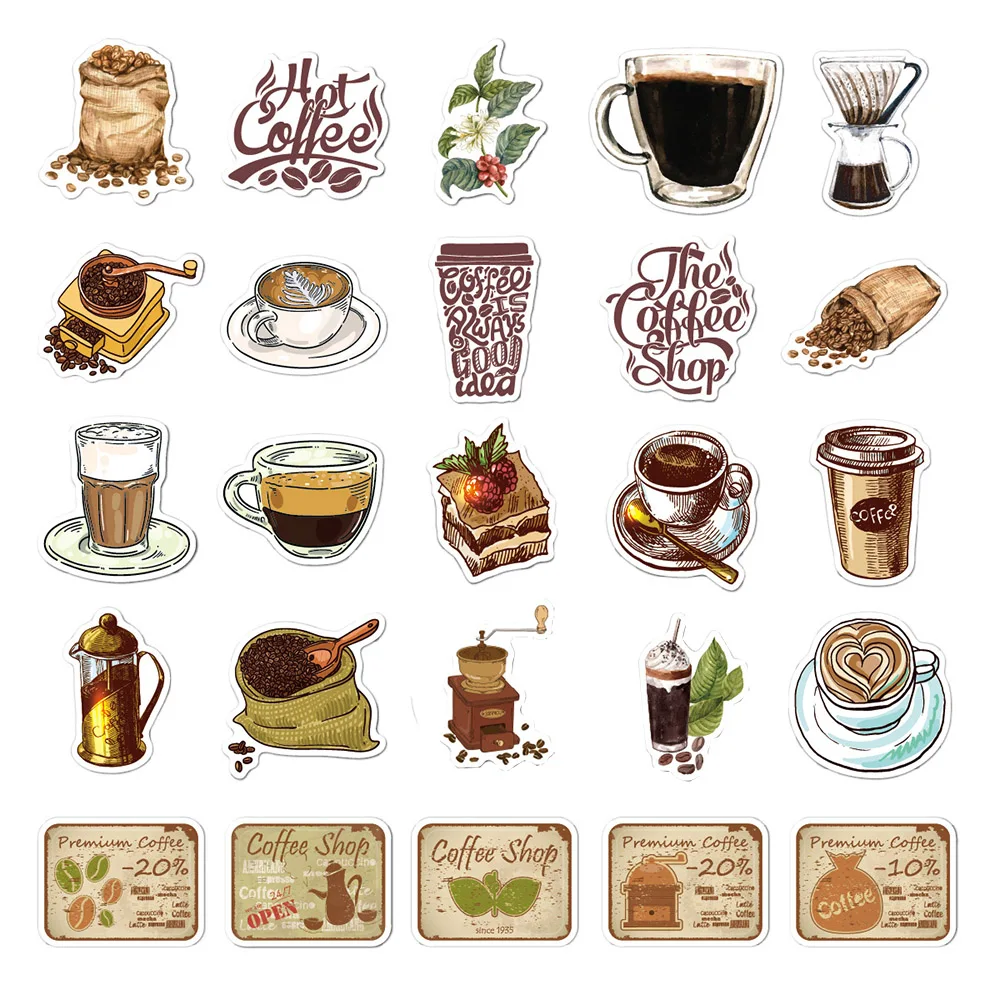 10/30/50pcs Vintage Coffee Shop Graffiti Stickers Aesthetic Decals Kids Toy Scrapbook Diary Phone Laptop Cute Waterproof Sticker