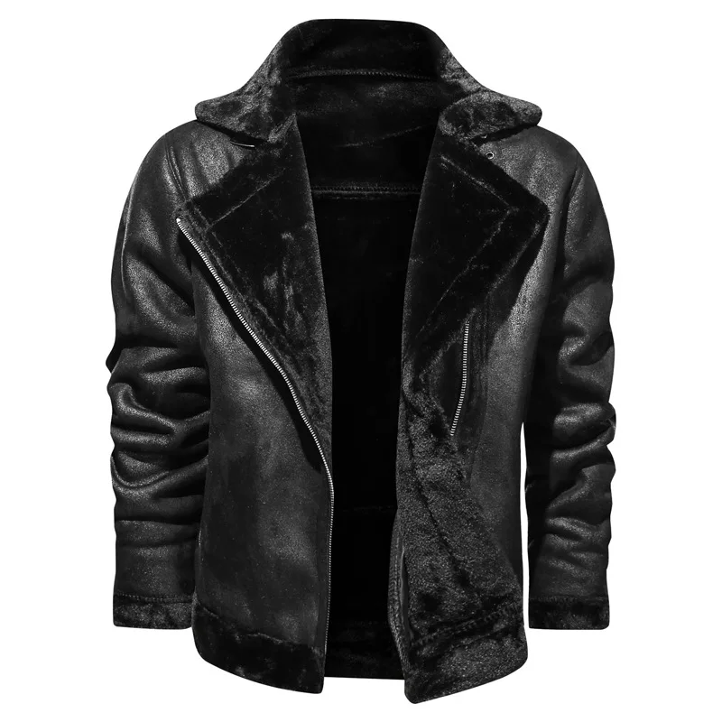 Men\'s Winter Fleece Motorcycle Leather Jacket Plus Velvet Thick Retro Vintage Leisure Male Outwear Warm Cashmere Inner Coats