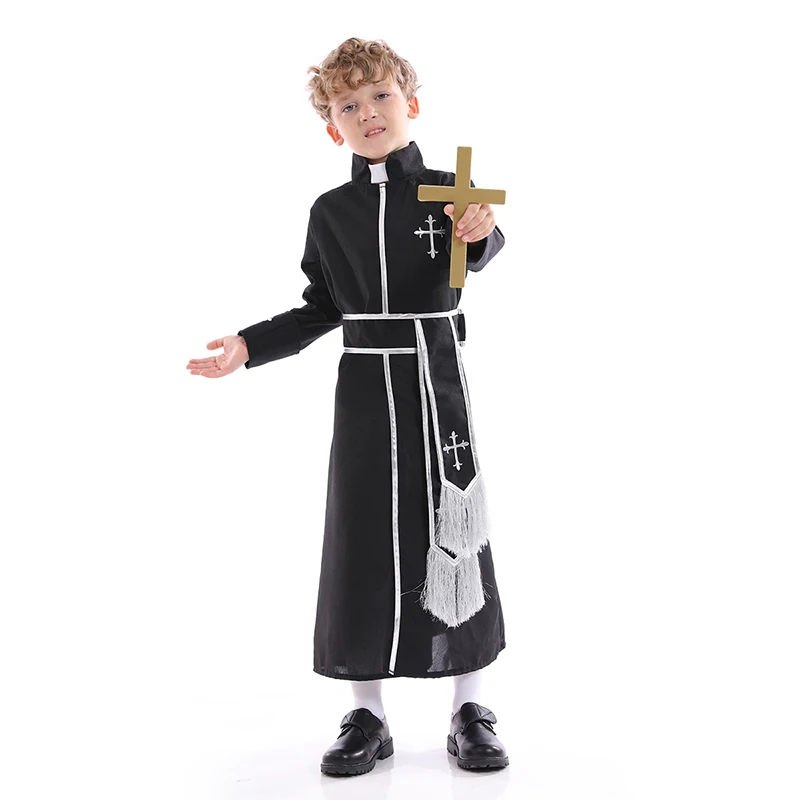 Priest Costume Kids For Halloween Party Pastor Outfit With Belt Boys Child’s Bible Pastor Robes Clergyman Minister Costume