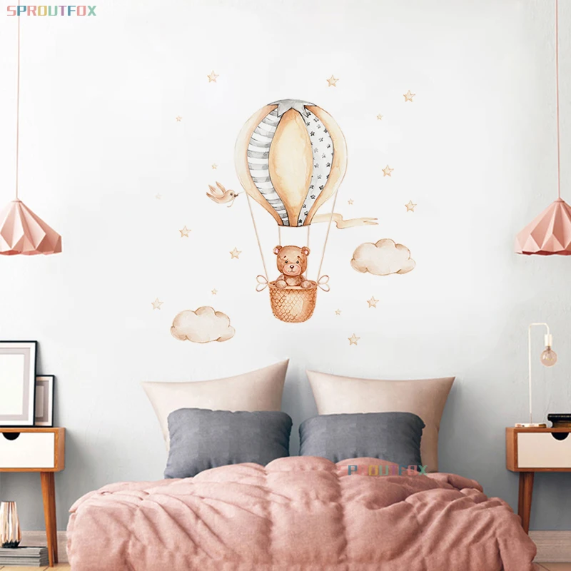 Cartoon Wall Stickers For Children\'s Room Kids Rooms Animals Pattern Baby Wall Stickers Bear Hot Air Balloon PVC Nursery Sticker