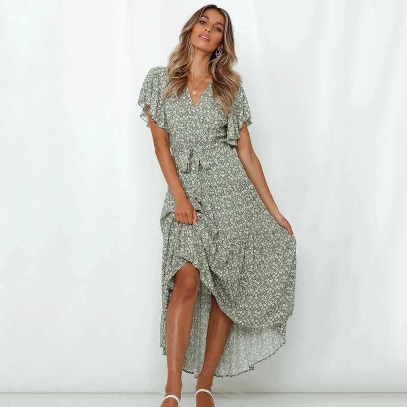 Ardm Fashion Floral Print платья для женщин V Neck Ruffled Sleeve Maxi Dress High Waist Belt Elegant Summer Dress Vintage Robe