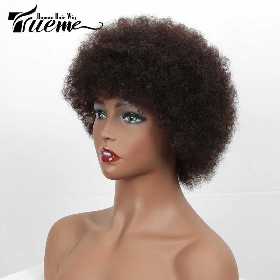 Trueme Cheap Short Afro Wigs For Black Women Brazilian Remy Human Hair Brown Red Wine Colors Bob Afro Kinky Curly Full Wig