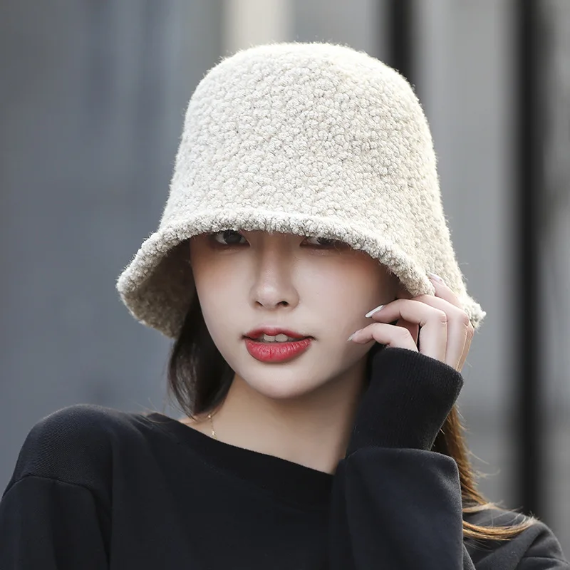 MAXSITI U Solid Soft Warm Imitation lamb Wool Bucket Hat Women winter Fashion Versatile Knitted Basin Cap Harajuku Fishing Hats