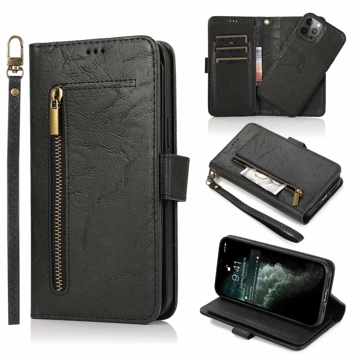 10pcs Zipper Multifunctional 9 Cards Holder Magnetic Wallet Leather Cover Case For Iphone 14 13 12 Mini 11 Pro Xs Max Xr 8 Plus