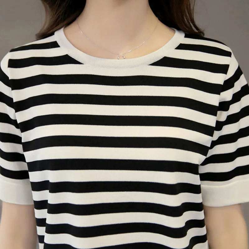 Droppshiping 1pc Women Summer T-shirt Striped Half Sleeves Round Neck Loose Plus Size Female Tops d88