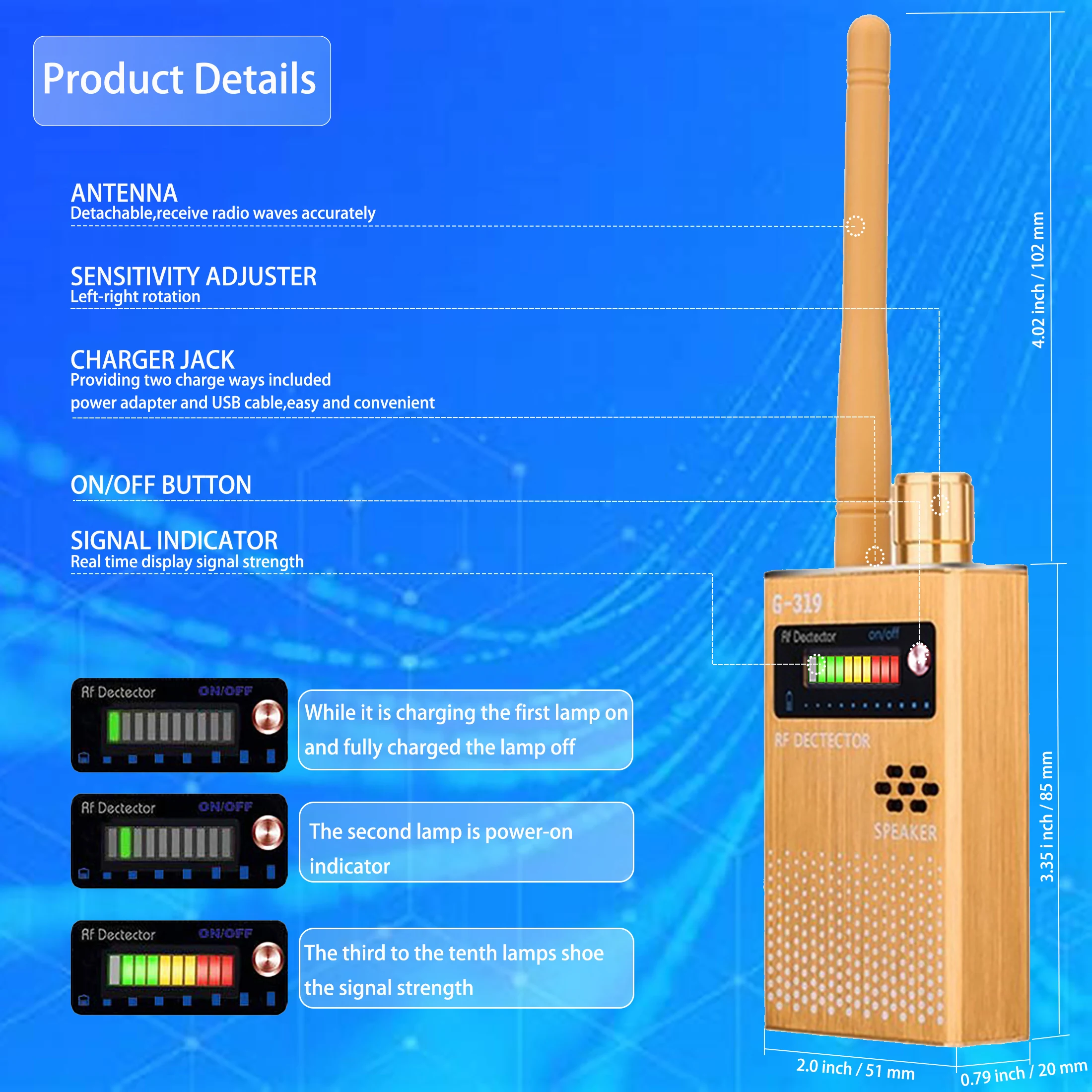 

G319 RF Signal Detection Anti-Spy Wireless Camera Lens Scanner GSM Audio Bug GPS Tracker Finder WiFi Signal Detector 1MHz-8GHz