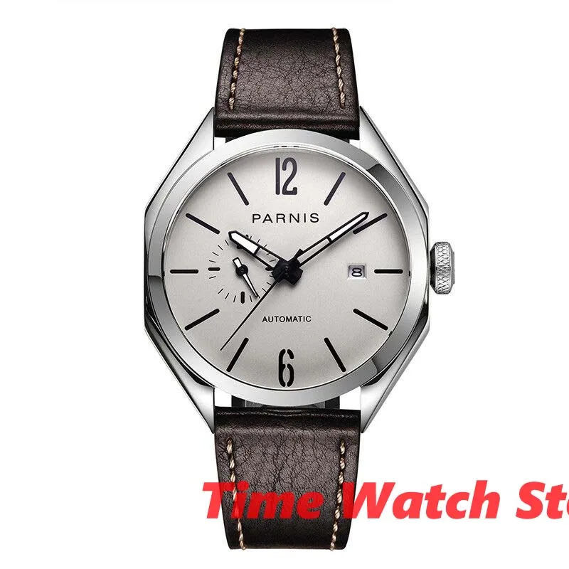 

PARNIS 43mm Sapphire Automatic Men's Watch Octagon Miyota 821A Movement Light Gray Dial Date Window Leather Strap