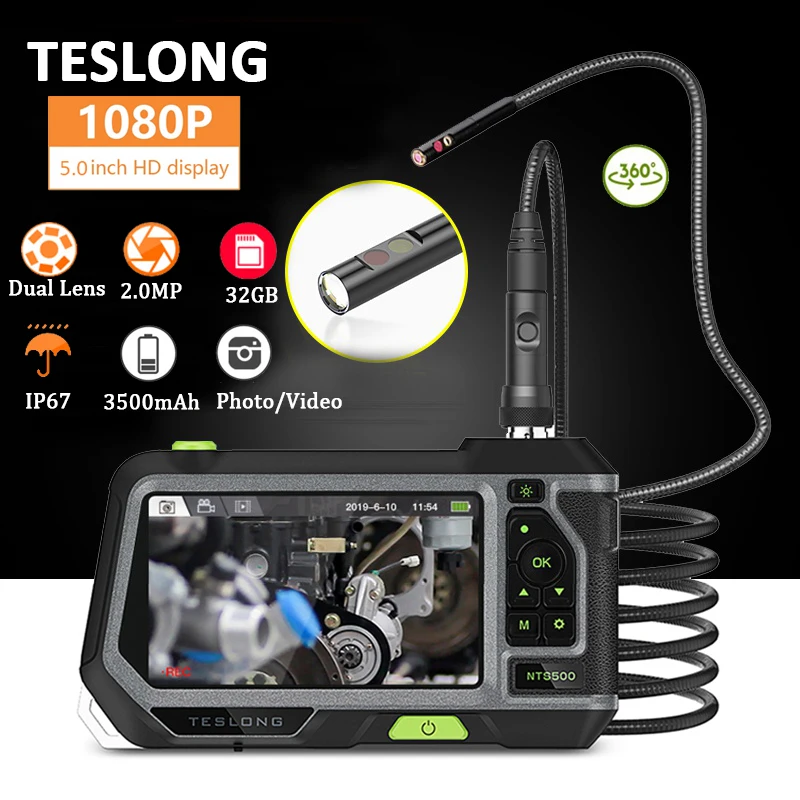 TESLONG NTS500 5.0 "schermo LCD 5.5mm doppia lente endoscopio telecamera HD 1080P videoscopio digitale tubo ispezione auto boroscopio 32GB