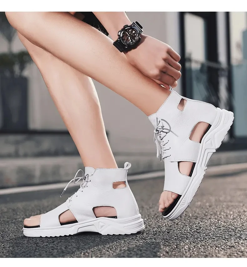 Men\'s Summer Sandals Leather Open Toe Thick Soled Hollow Lace Up Sandals Fashion High Top Sports Sandals Roman Sandals Dad Shoes