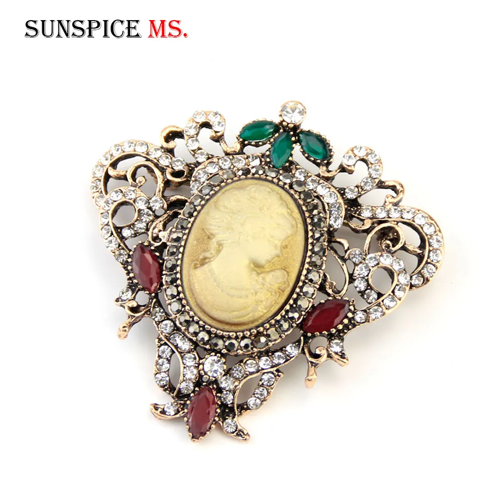 Sunspicems Vintage Victoria Head Brooch Pin for Women Retro Gold Color Resin Rhinestone Ethnic Banquet Lapel Jewelry Party Gift