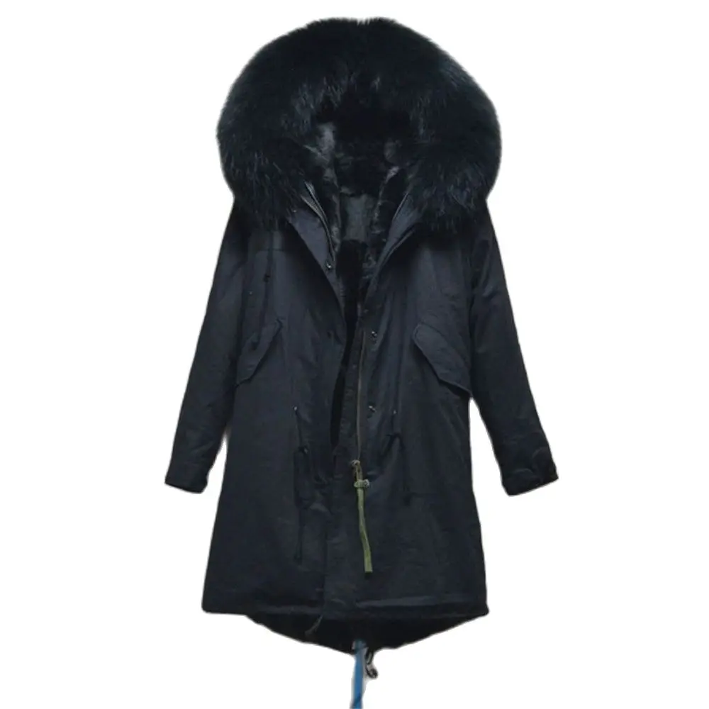 

Winter Women&Men Thick Warm Parka Long Fur Coat With Black Rabbit Fur Lining Fashion Overcoat