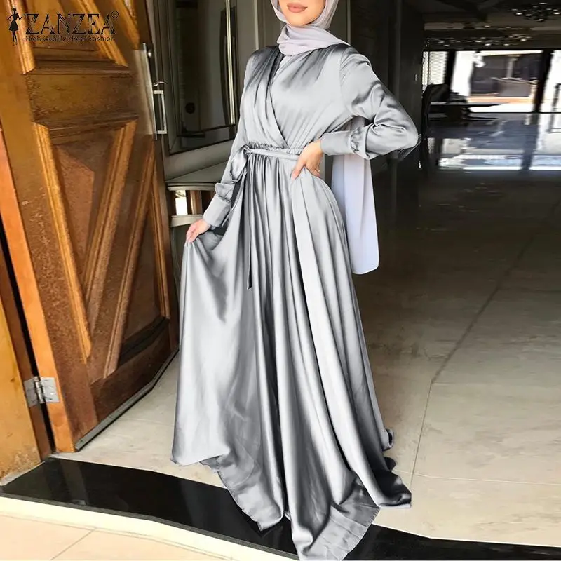 ZANZEA Women Full Sleeve Muslim Fashion DressCasual Loose Elegant Clubbing Long Sundress Belted Party Faldas Largas Kaftan Robe