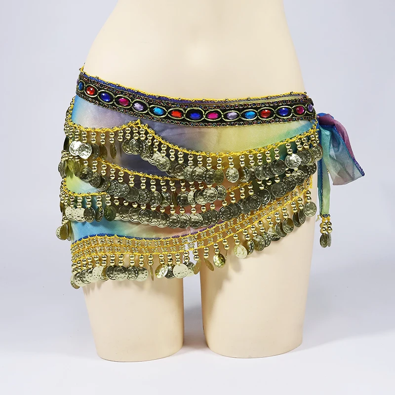 Arabic Belly Dance Coin Belt With Colorful Rhinestones Bellydance Hip Scarf Costume Accessories