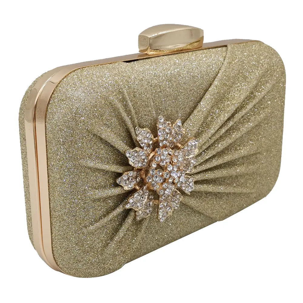 Boutique De FGG Elegant Women Gold Glitter Evening Bags Rhinestones Flower Appliques Bridal Clutch Handags Wedding Party Purses