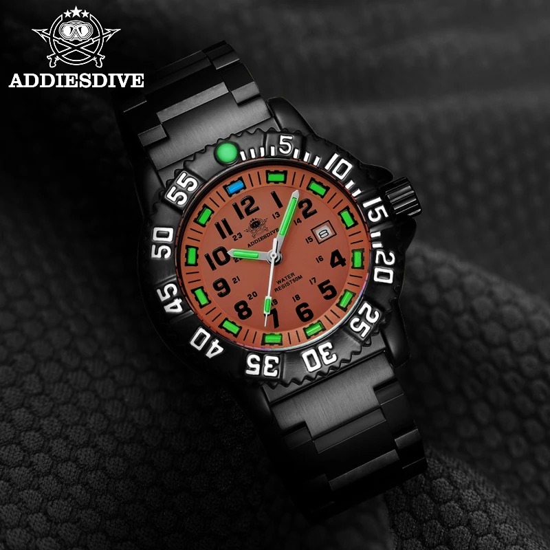 ADDIES Men Military Watches Top Brand Fahsion Orange Dial Sports Waterproof Stainless Quartz Watch Men's Watch Orologio da uomo