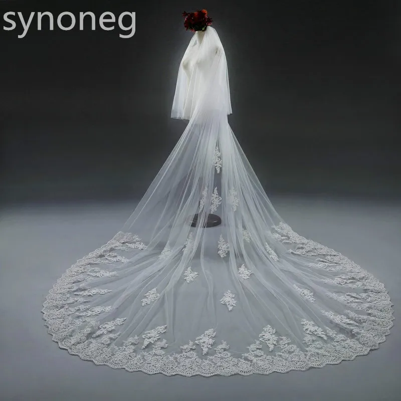 wedding veil White Ivory Cathedral Wedding Veils Long Lace Edge Bridal Veil with Comb Wedding Accessories Bride Veu