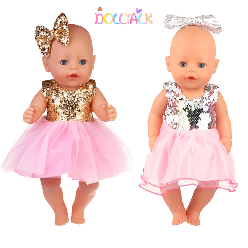 Gold And Silver Sequins Elegant Skirt Fit 43cm Baby New Born Doll Delicate Princess Dress Clothes For American 18 Inch Girl Doll