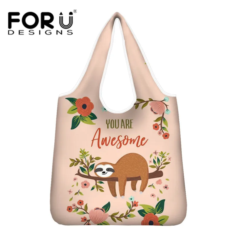 

FORUDESIHNS Jungle Sloth Print Eco Friendly Shopping Bag Reusable Portable Grocery Bag Kawaii Travel Foldable Shopper Bags