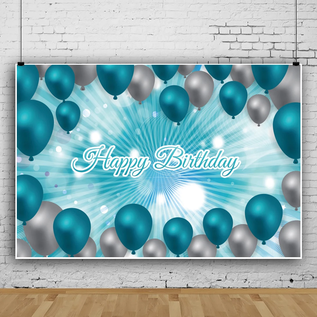 Laeacco Silver Blue Balloons Happy Birthday Photography Backdrop Party Decor Light Bokeh Photocall Photo Background Photo Studio