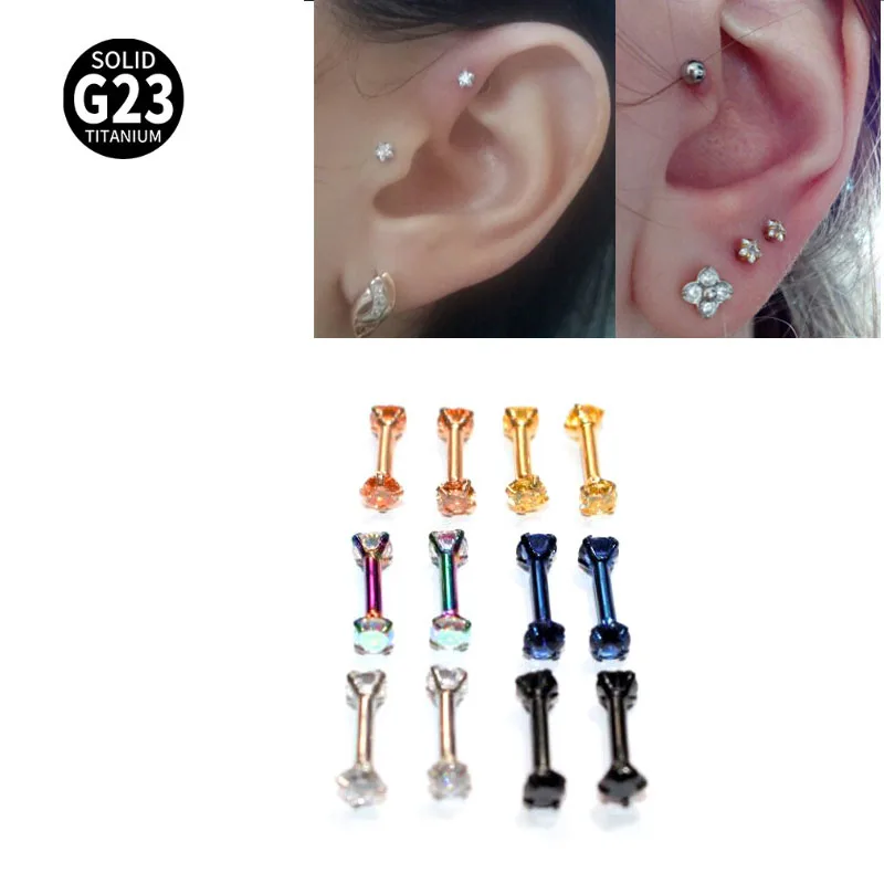 1Pc F136 Titanium Zircon Tragus Earring 2-5mm Zircon Anodized Internally Threaded Prong Gem Monroe 16G Tragus Helix Ear Piercing