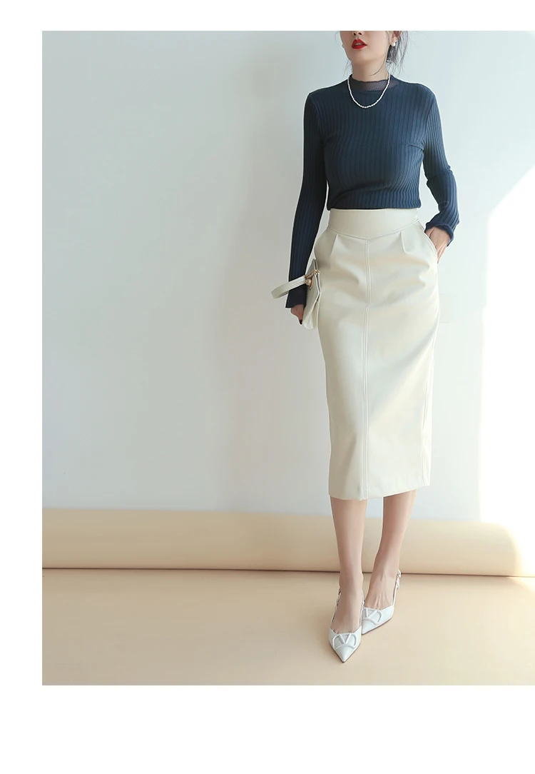 Nerazzurri Spring Midi Pu Leather Skirt Women Brown White Black Long High Waisted Pencil Skirts for Women 2023 Side Slit Zipper 27 H9499a7859563415b893505a1537aca10W