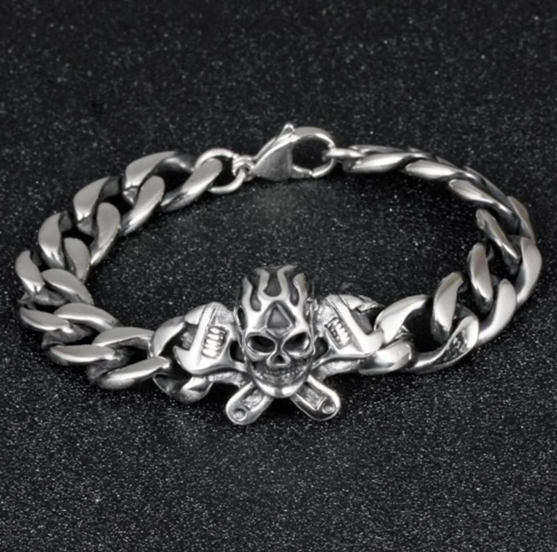 Personality Punk Skull Stainless Steel Bracelet Big Heavy Men Bracelet Biker Jewelry