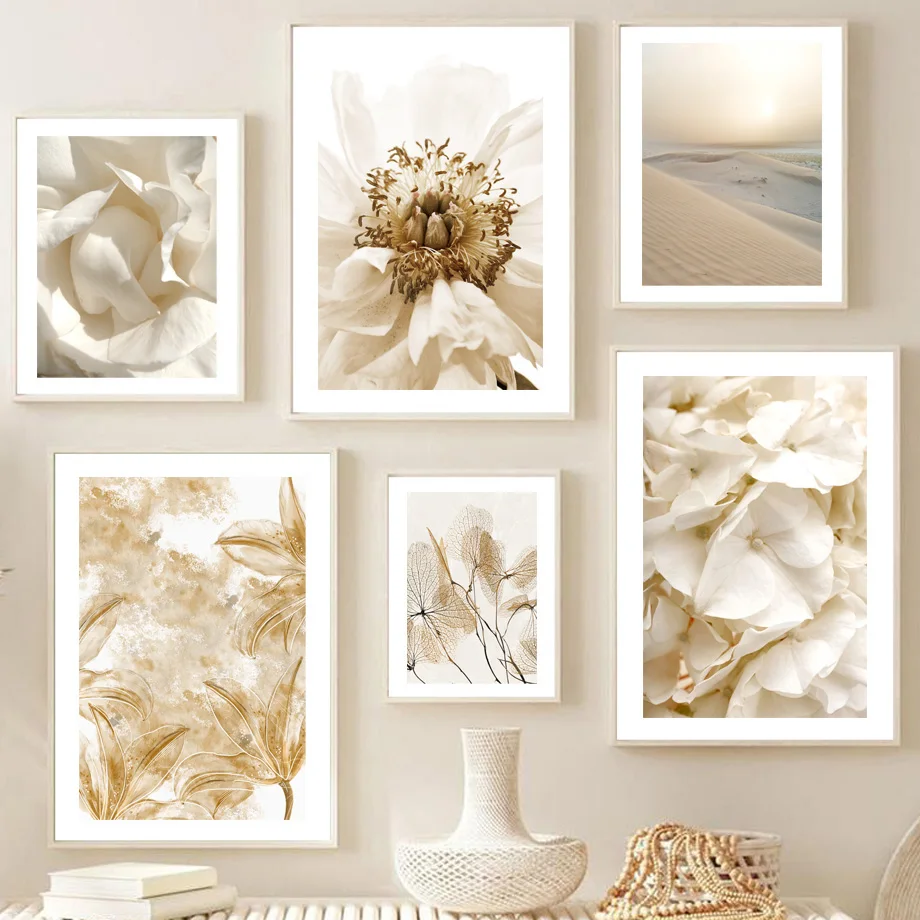 Bloom Flower Leaves Golden Beach Waves Birds Wall Art Print Canvas Painting Poster Wall Pictures For Living Room Home Decor Gift