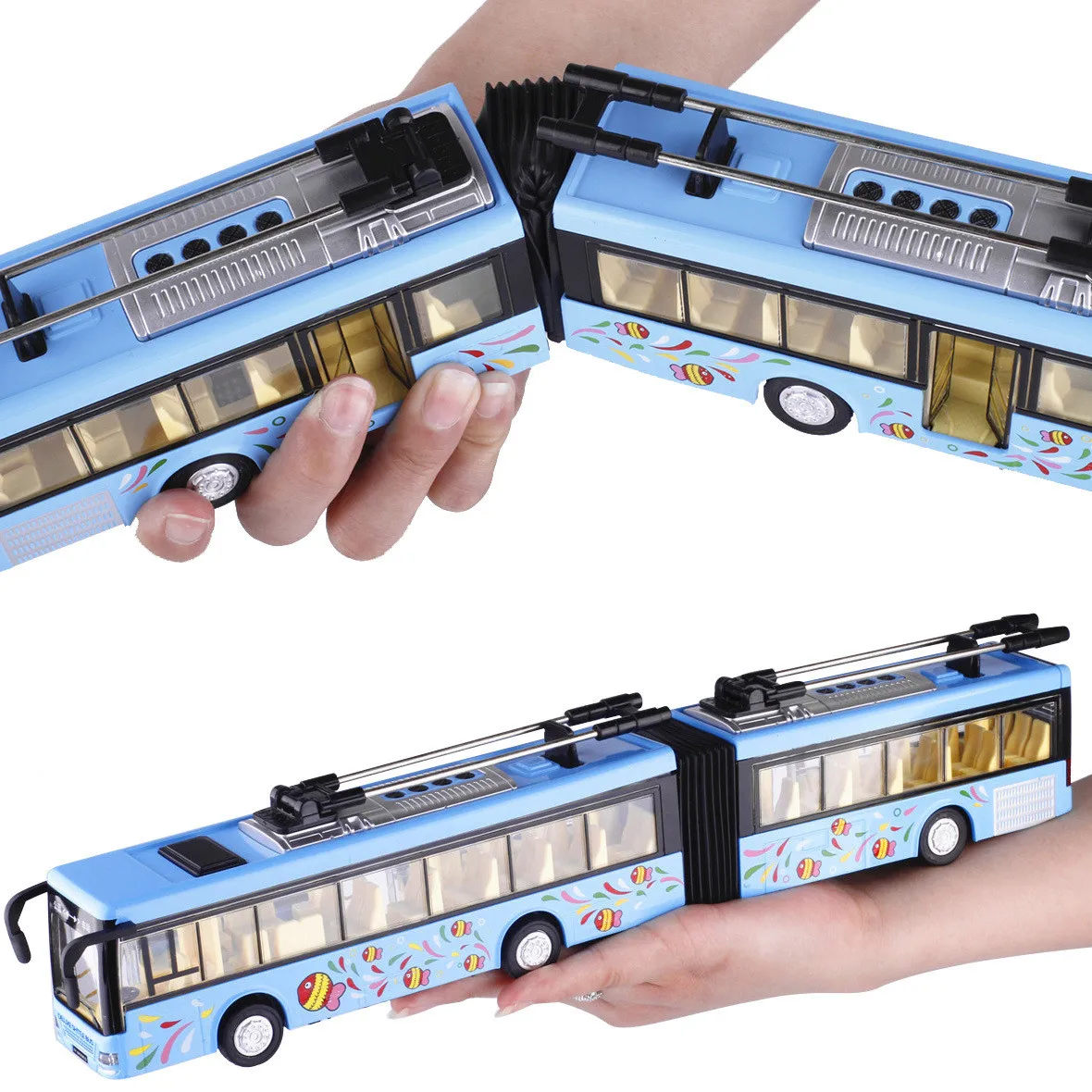 Double tram bus model,1:50 alloy pull back Double section bus,High-quality sound and light music children\'s toys