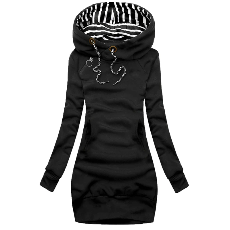 Fashion Women Sweatshirt Pullover Hoodies Long Sleeve Dress Hooded Striped Hooded Tops Drawstring Sweatshirts Slim Long Hoodies