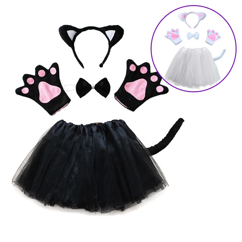 Girls Boy Party Props Girl Cat ear cosplay Headband Tutu Skirt Tail Gloves Set Halloween Cosplay Carnival Birthday Gift  costume