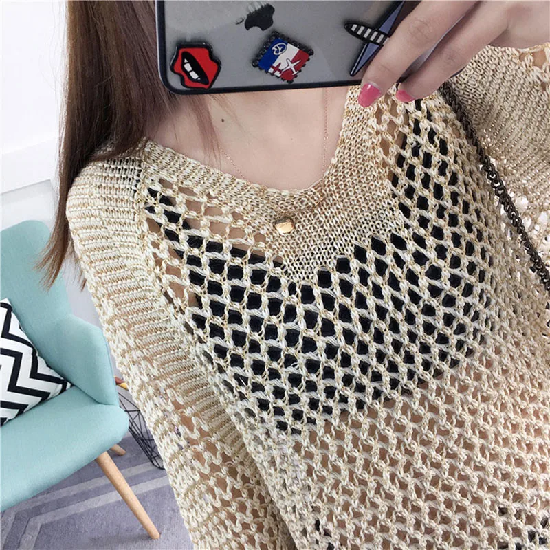 Sexy Women Knitted Pullover Mesh Hollow Sweater Female 2024 Spring Casual Top Bat Half Sleeve Casual Loose Knit Jumper Summer