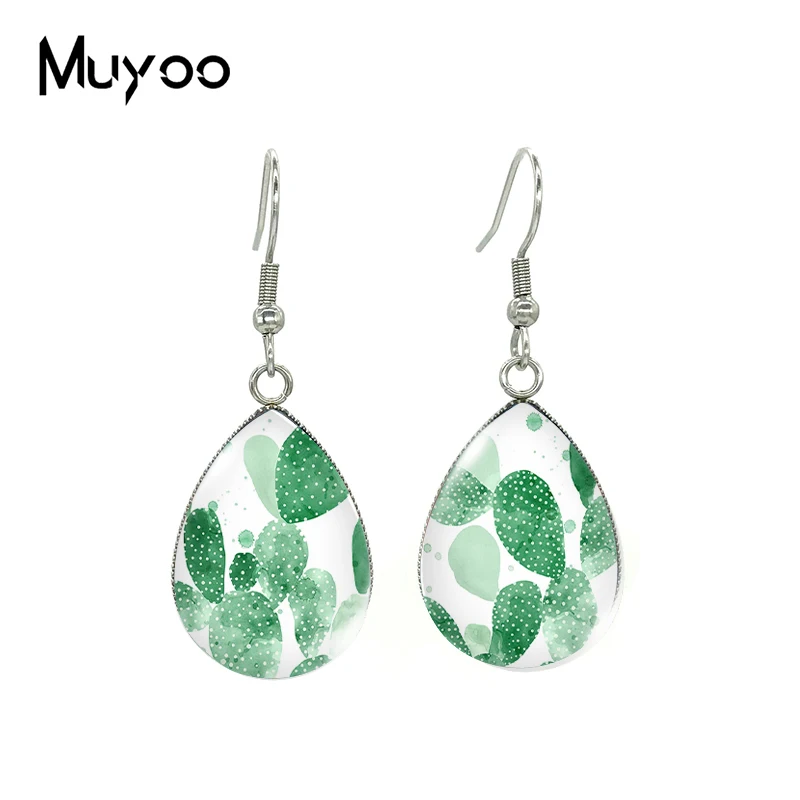 2021 New Plant Cactus Tear drop Earring Art Painting Fish hook Earrings Glass Cabochon Jewelry Handmade Items