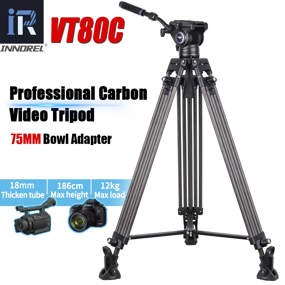 INNOREL VT80C Professional Carbon Fiber Video Tripod Fluid Video Head Tripod For DSLR Camera Camcorder Slider 1.86M 12kg Load