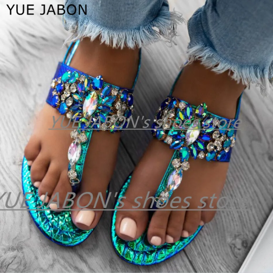 New Blue Woman Sandals Boho Crystal Shoes Transparent PVC Beading Flat Sandals Women Bohimia Beach Shoes Chaussure Plus Size 43